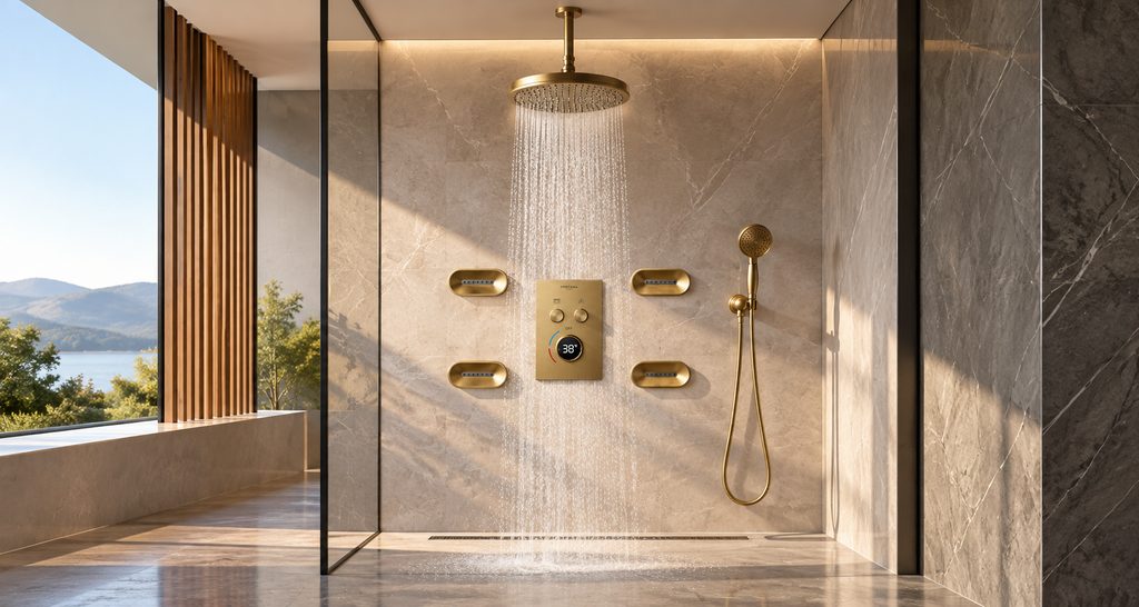 Contemporary hotel bathroom shower system