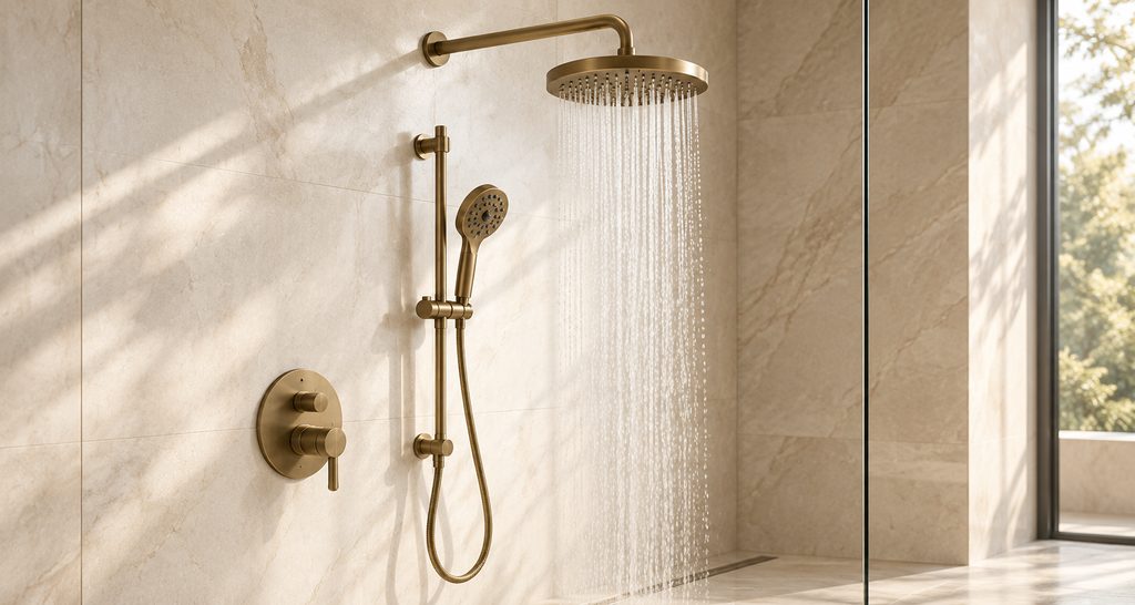 Contemporary hospitality bathroom shower system used for manufacturer research