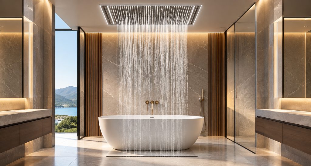 Contemporary hospitality shower and hotel bathroom environment