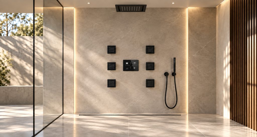 Luxury hotel bathroom with contemporary shower design